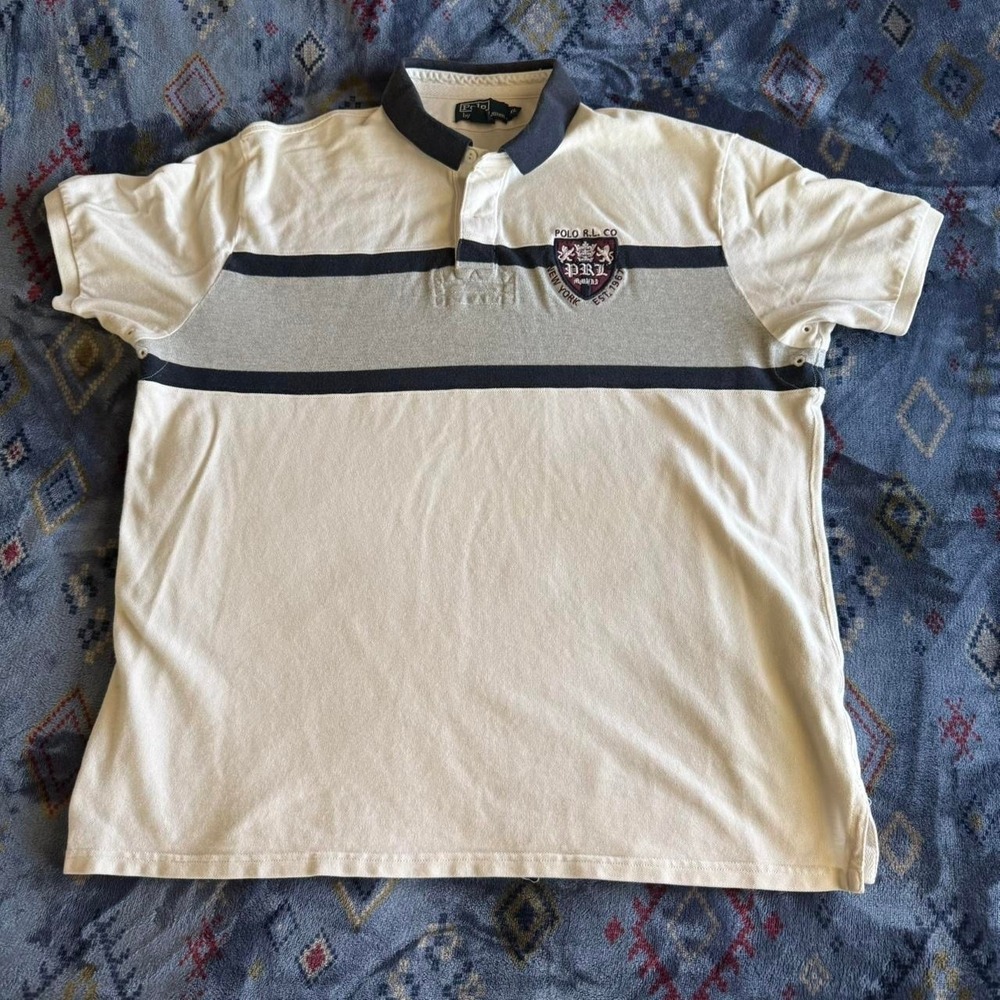 Polo Ralph Lauren Mens XL Crest Polo Shirt Cream Striped Short Sleeve Pique